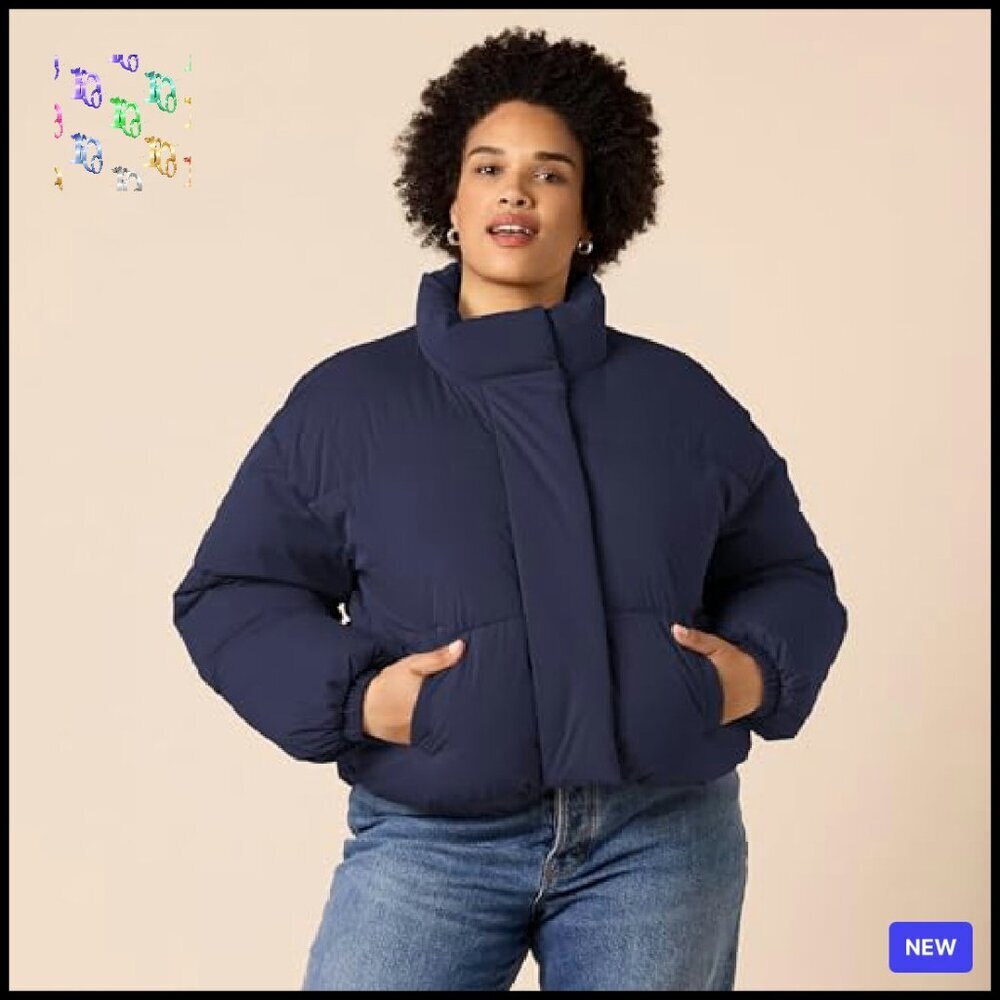Cropped Full-Zip Puffer Jacket Winter Warm Stand Collar Chic Minimal - Picture 7 of 8
